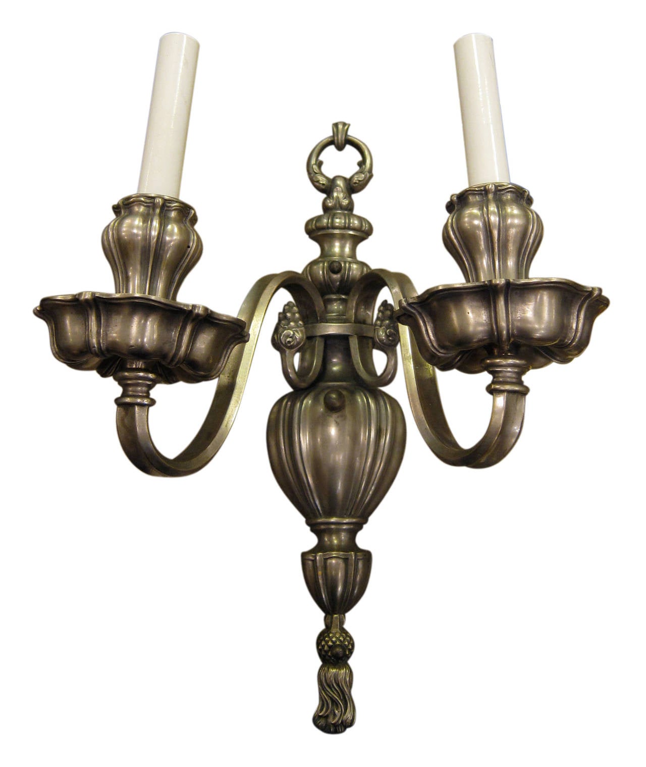 Pair of silver plated two-arm Georgian style sconces by E.F. Caldwell of NY. Cleaned and rewired. Please note, this item is located in one of our NYC locations.