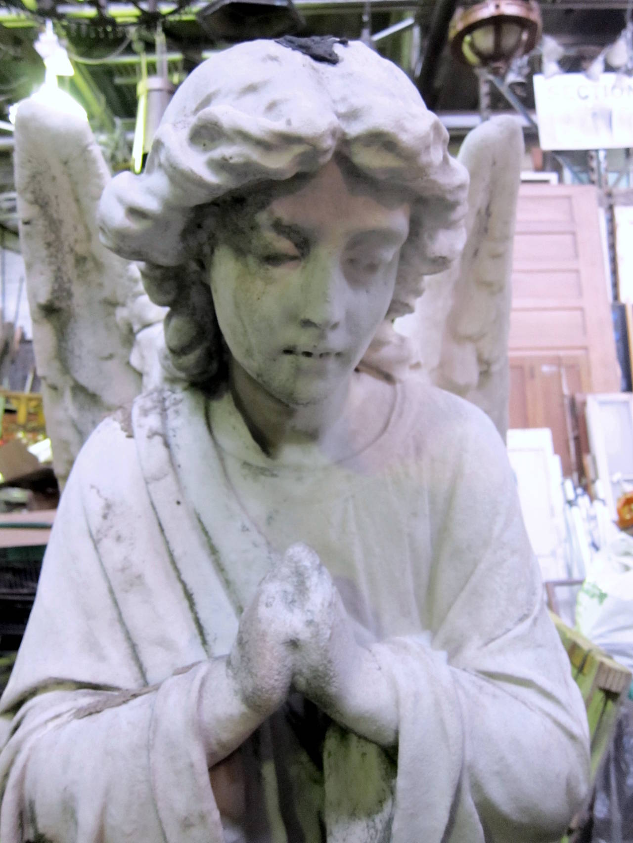 1800s Pair of White Hand-Carved Life-Size Marble Gothic Ecclesiastical Angels 2
