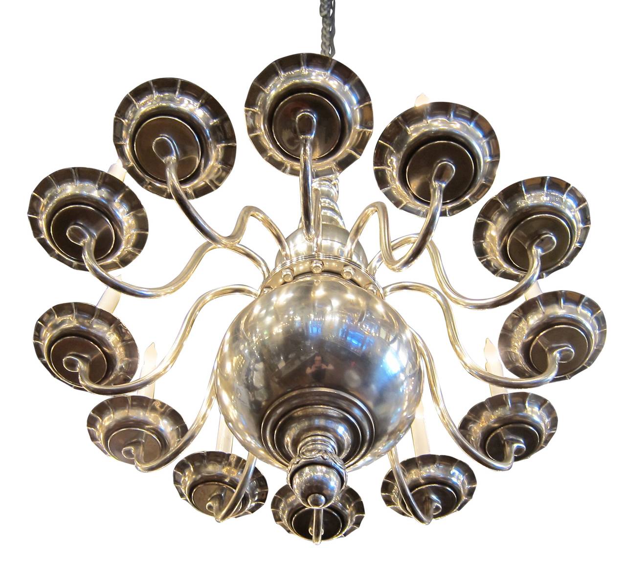 1900s Williamsburg Style Nickeled Bronze 12 Light Chandelier by E. F. Caldwell In Excellent Condition In New York, NY