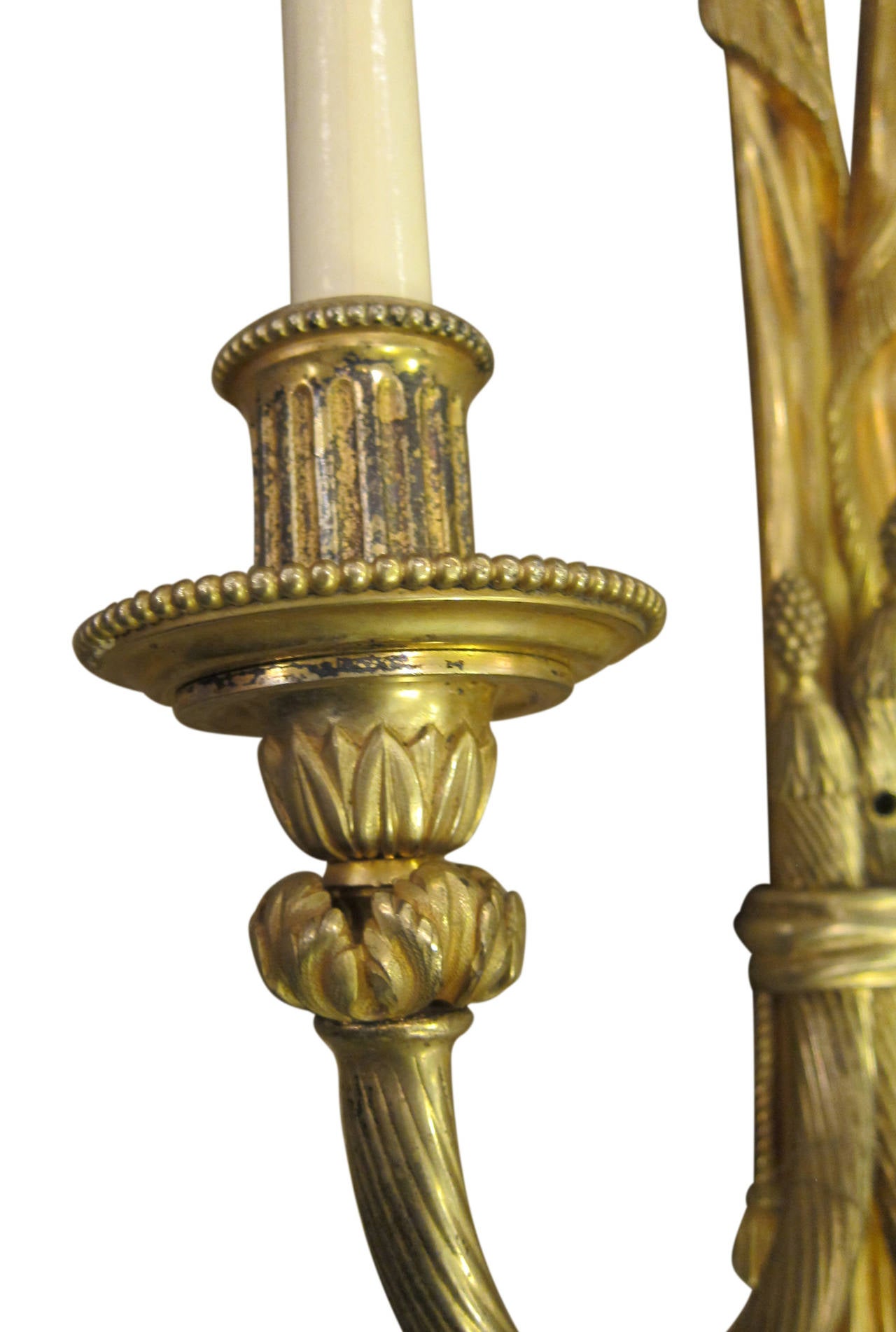 Pair 3 Light French Gilt Bronze Neoclassical Sconces In Good Condition For Sale In New York, NY