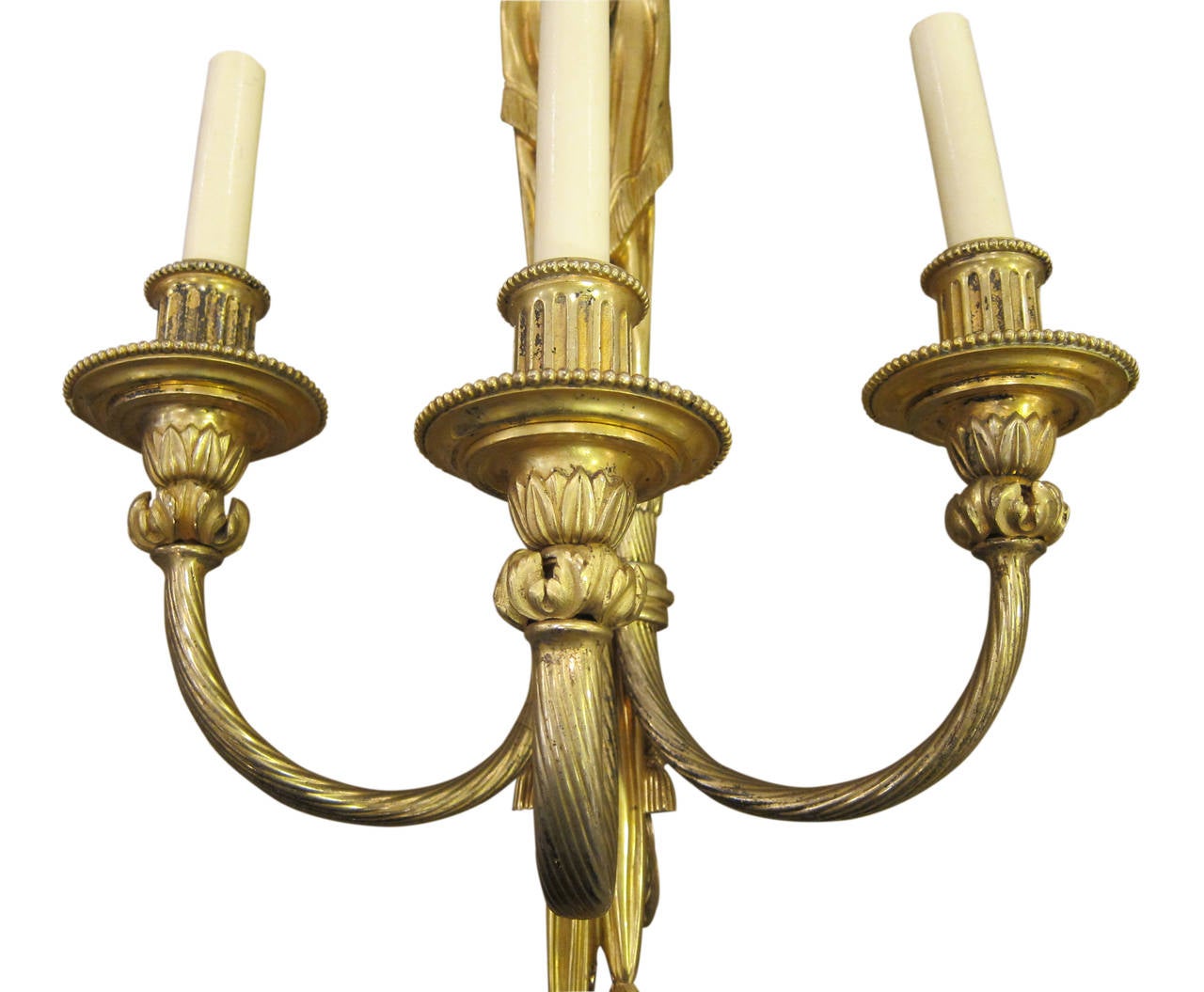 Pair 3 Light French Gilt Bronze Neoclassical Sconces For Sale 3