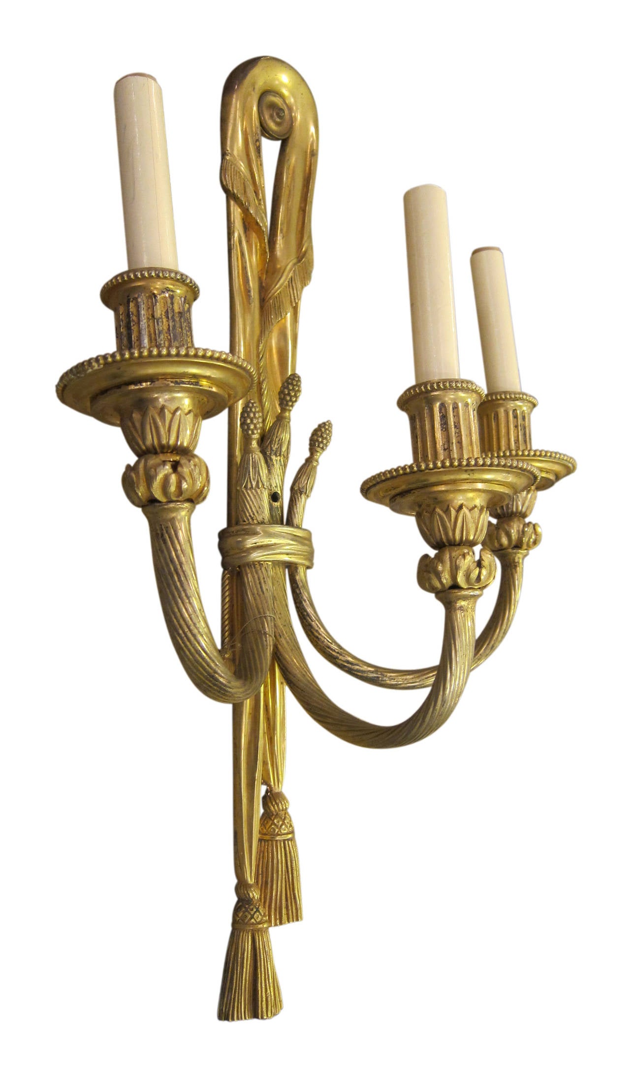 Pair 3 Light French Gilt Bronze Neoclassical Sconces For Sale 4