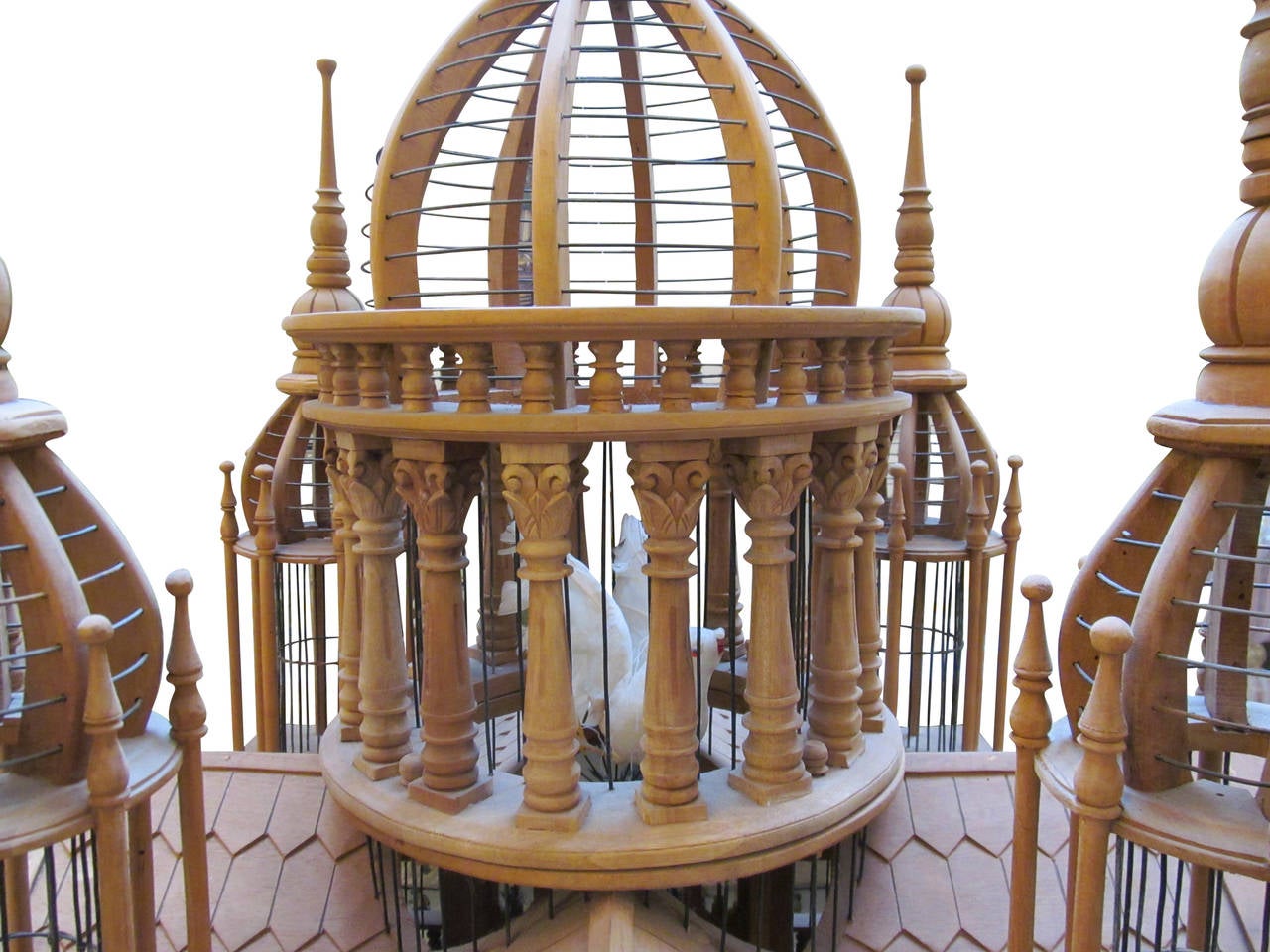 Hand-Crafted 1980s Handmade Wooden Birdhouse with Five Finials and Table