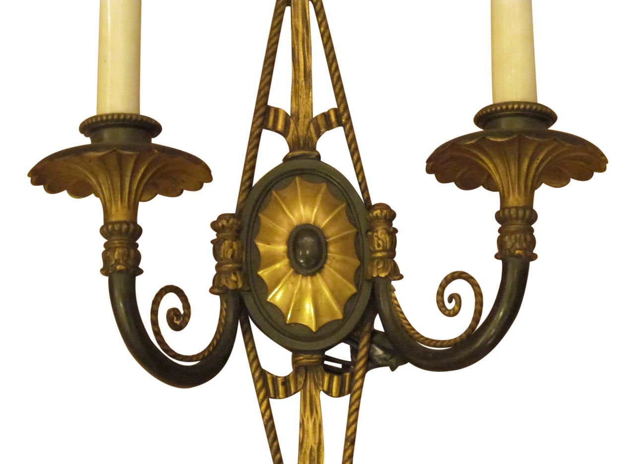 American Pair of Caldwell Bronze Sconces with Triple Tassels and Center Spider Web, 1920s