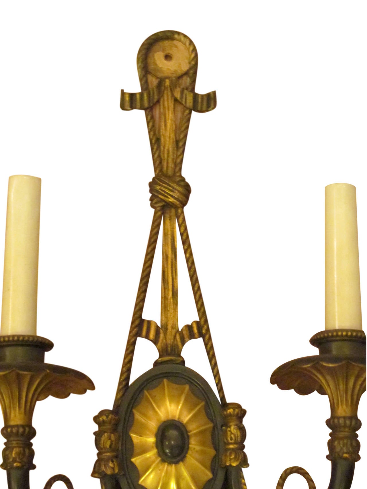 Neoclassical Pair of Caldwell Bronze Sconces with Triple Tassels and Center Spider Web, 1920s