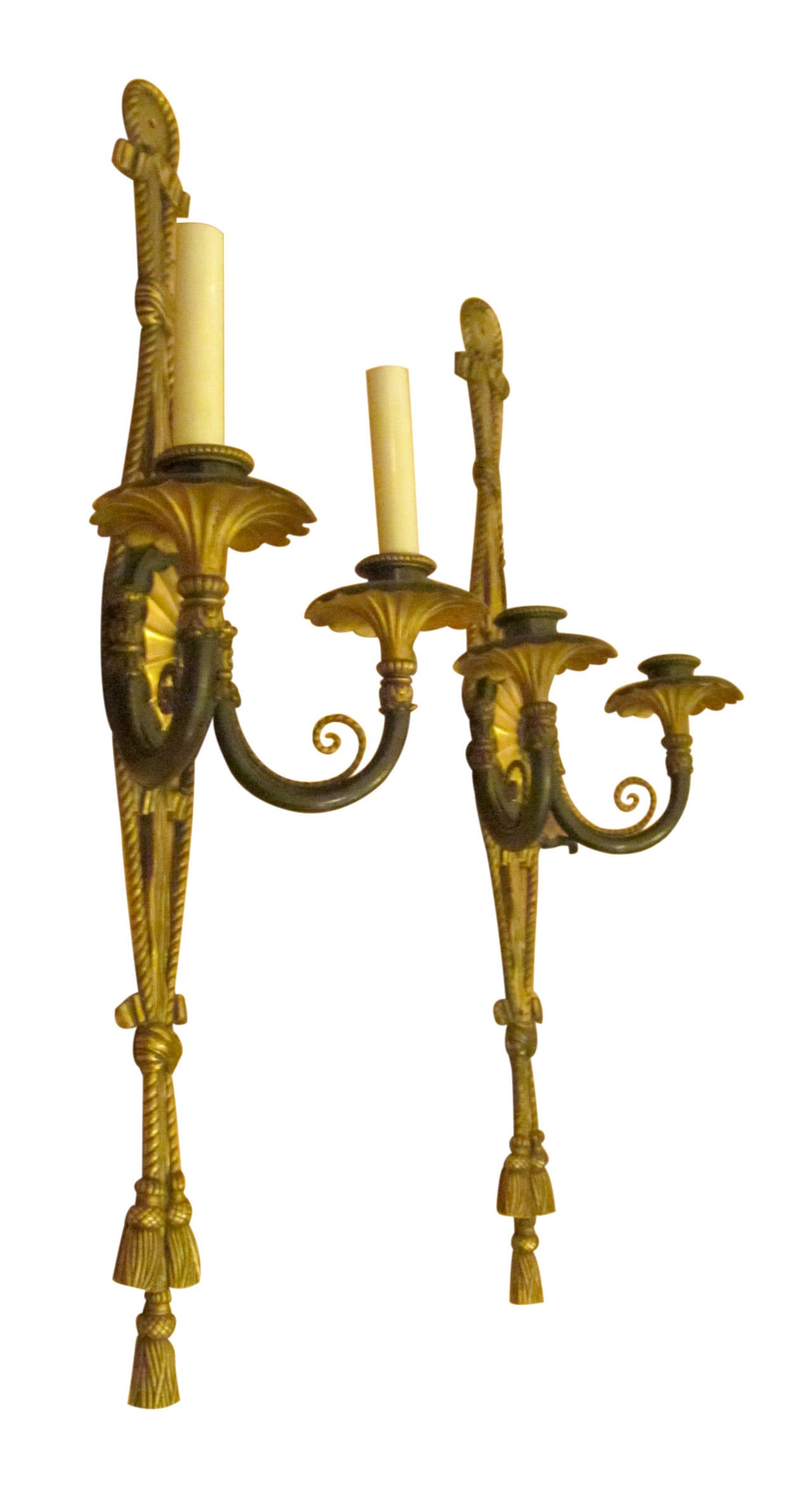 Early 20th Century Pair of Caldwell Bronze Sconces with Triple Tassels and Center Spider Web, 1920s