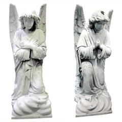 1800s Pair of White Hand-Carved Life-Size Marble Gothic Ecclesiastical Angels