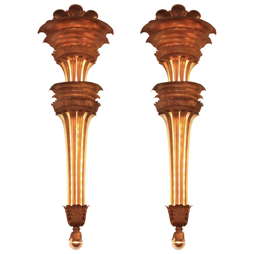 Pair of Large Scale Art Deco Theater Sconces from New York City