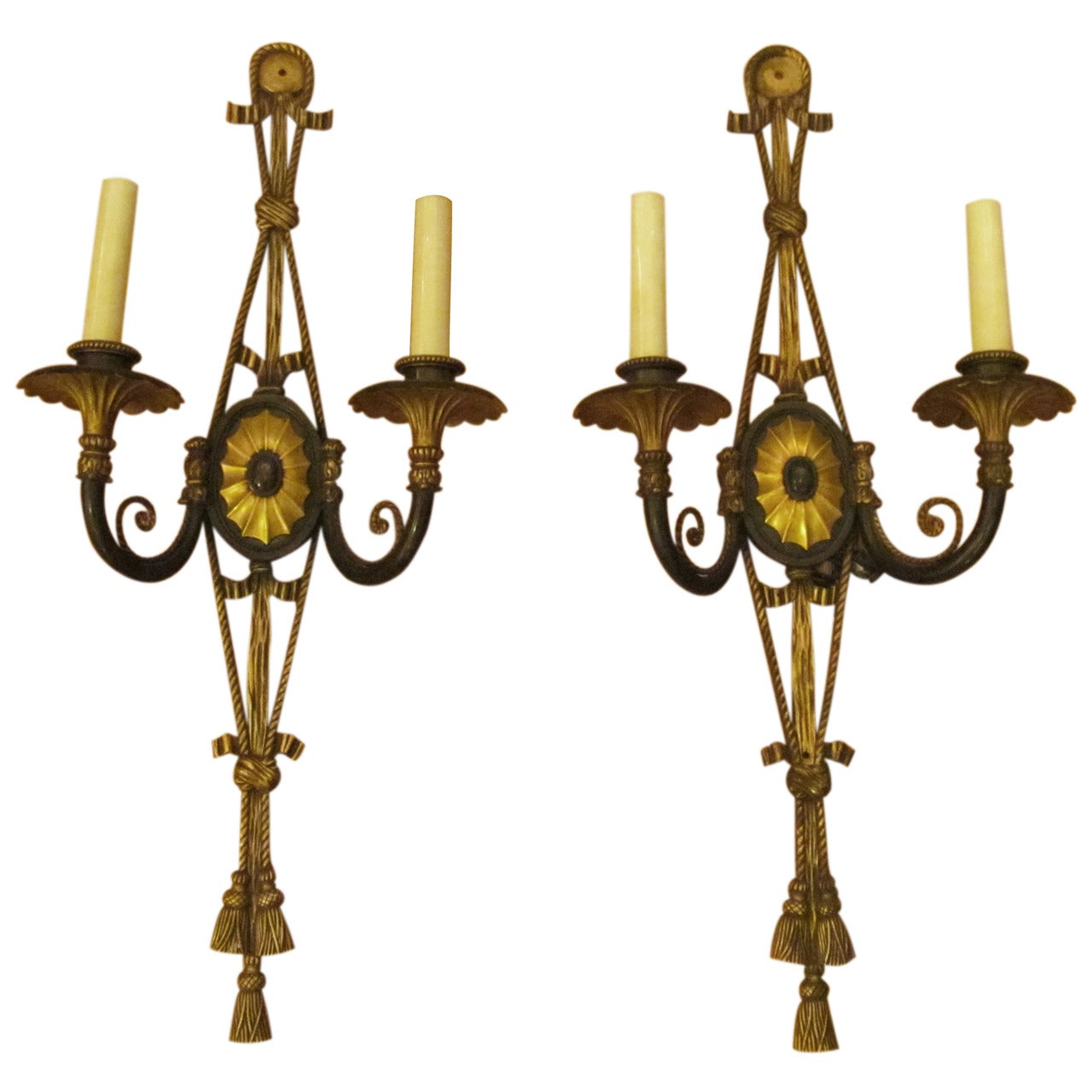 Pair of Caldwell Bronze Sconces with Triple Tassels and Center Spider Web, 1920s