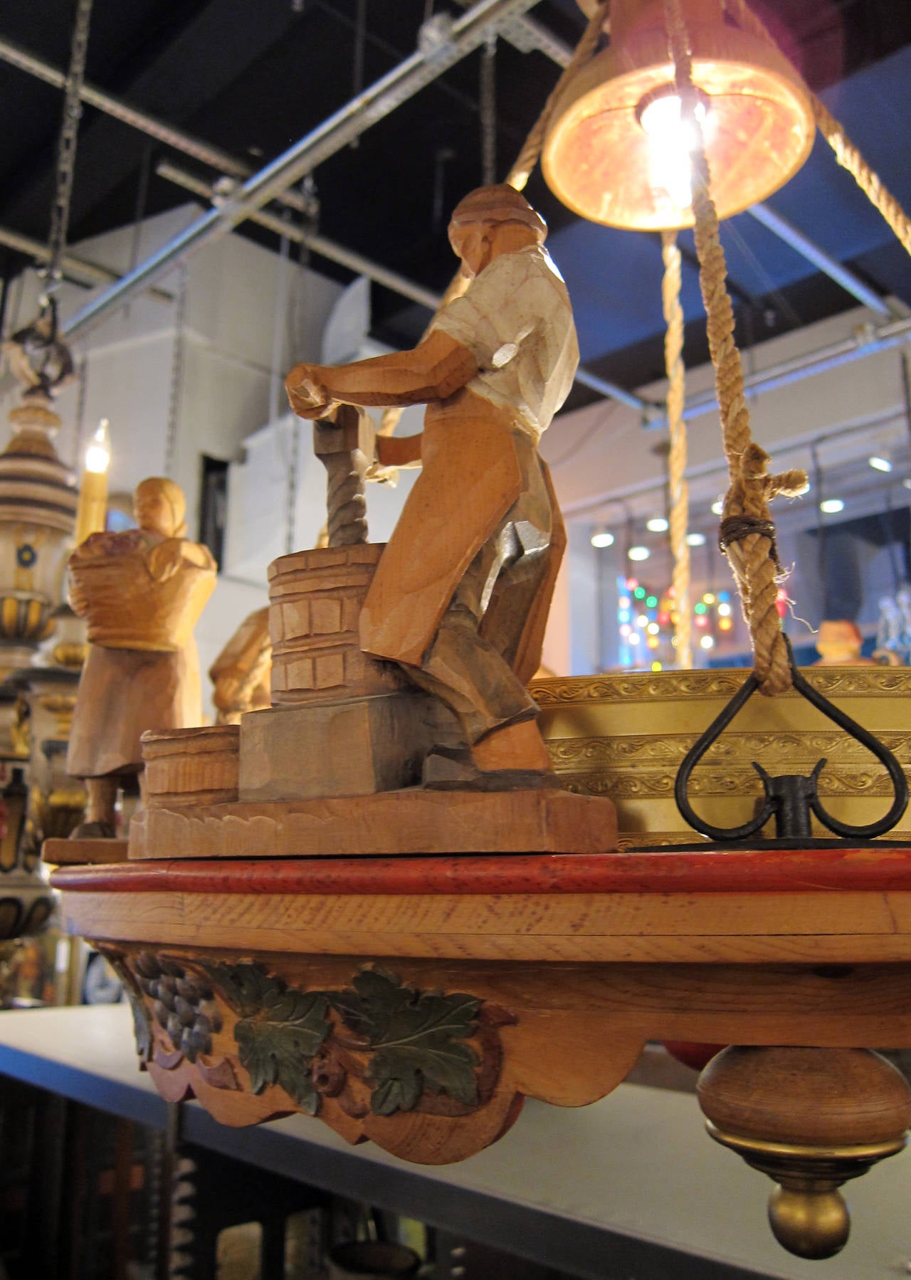 1920s Dutch Hand-Carved Wooden Chandelier with Figures and Grapes
