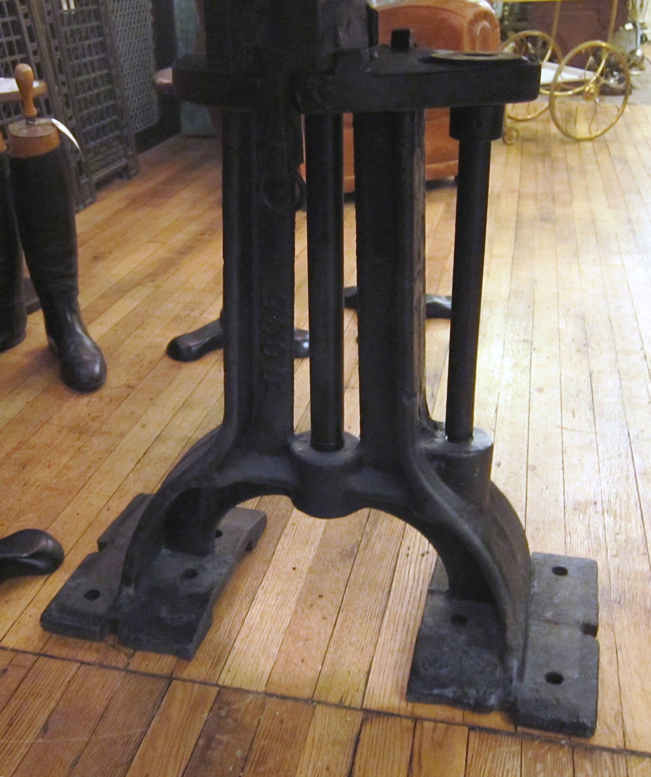 American Refurbished Round Butcher Block Table with Heavy Cast Iron Base