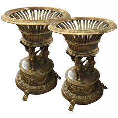 1995 Pair of Solid Bronze Urns with Gryphon's and Claw Feet
