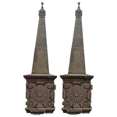 1896 Pair of Hand-Carved Limestone Obelisk Finials with Bases 6
