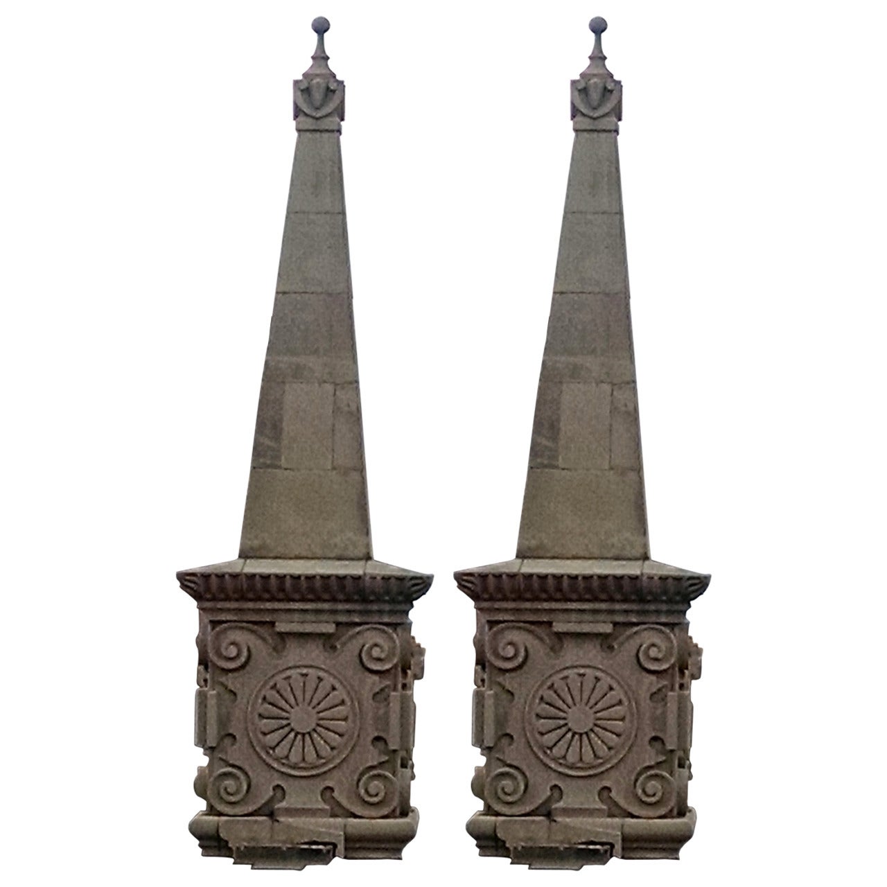 1896 Pair of Hand-Carved Limestone Obelisk Finials with Bases