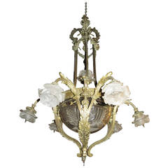 1930s French Six-Arm Bronze Floral Chandelier with Etched Glass Center Bowl