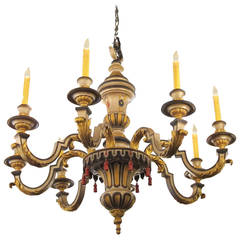 Antique 1900s Hand-Painted Wood French Country Style 8 Arm Chandelier; Gilt and Gesso