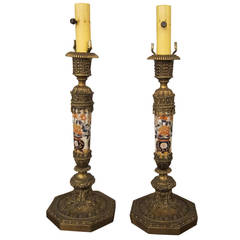 1890s Pair of Electrified Imari Bronze and Porcelain Candlestick Table Lamps