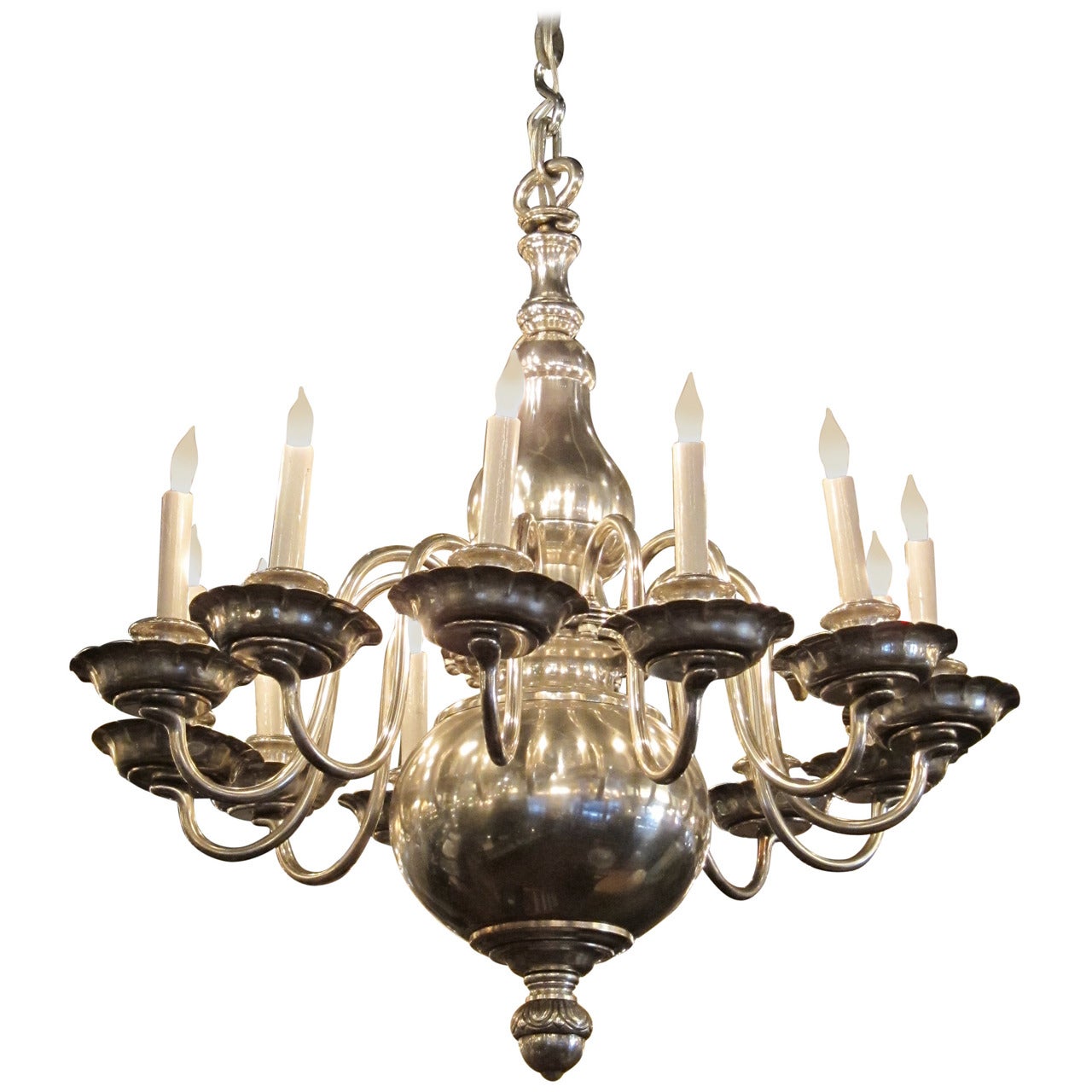 1900s Williamsburg Style Nickeled Bronze 12 Light Chandelier by E. F. Caldwell