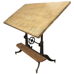 1890s Cast Iron Victorian Adjustable Tilting Drafting Table with Oak Footrest