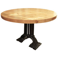 Refurbished Round Butcher Block Table with Heavy Cast Iron Base