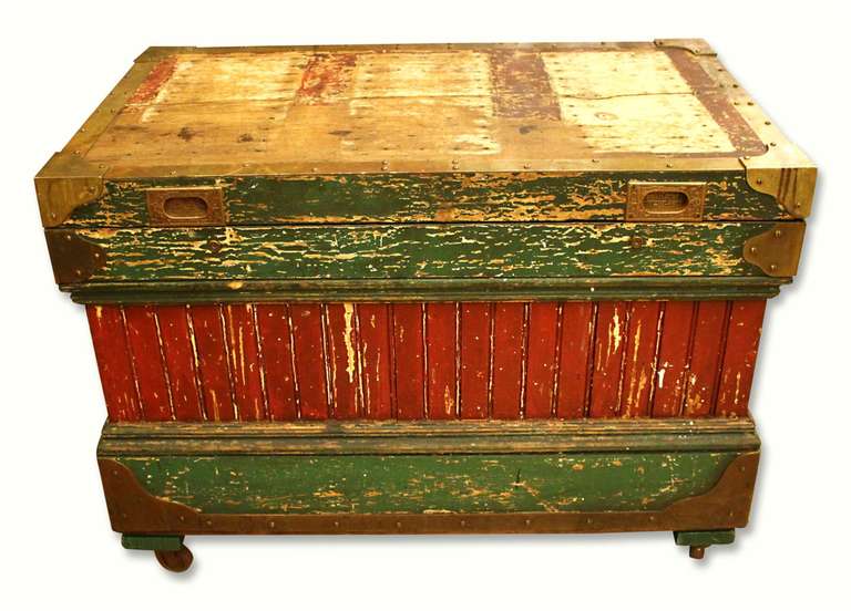 This rare handcrafted 1800s tool box trunk has a series of many small compartments inside. Original hardware and paint. This can be seen at our 1800 South Grand Avenue location in Los Angeles, CA