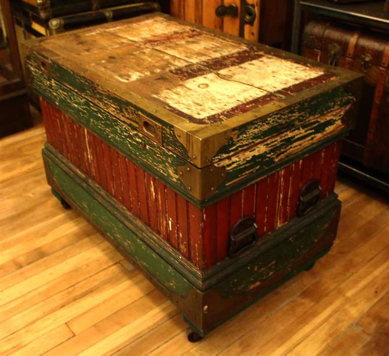 Industrial 1800s Rare Crafted Tool Box Trunk with Original Paint with Many Compartments