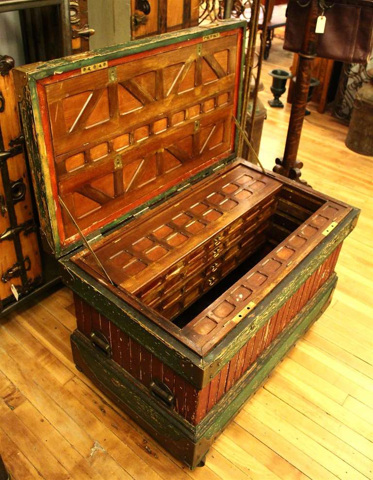 1800s Rare Crafted Tool Box Trunk with Original Paint with Many Compartments In Good Condition In New York, NY