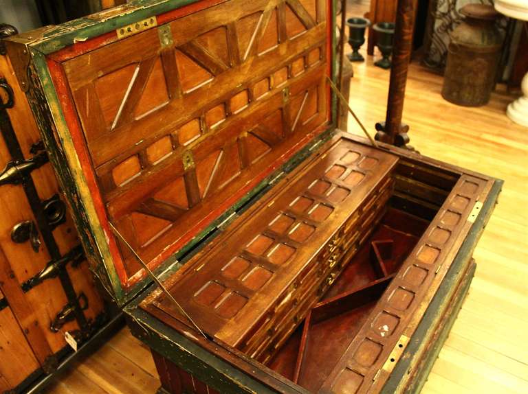 19th Century 1800s Rare Crafted Tool Box Trunk with Original Paint with Many Compartments