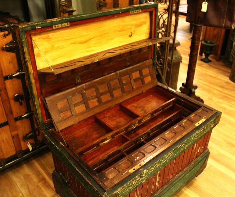 Wood 1800s Rare Crafted Tool Box Trunk with Original Paint with Many Compartments