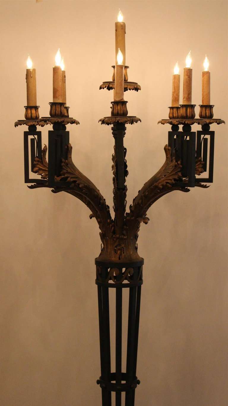 Rococo Revival 1954 Pair of Wrought Iron Nine Light Candelabras from the Fountainebleau Hotel