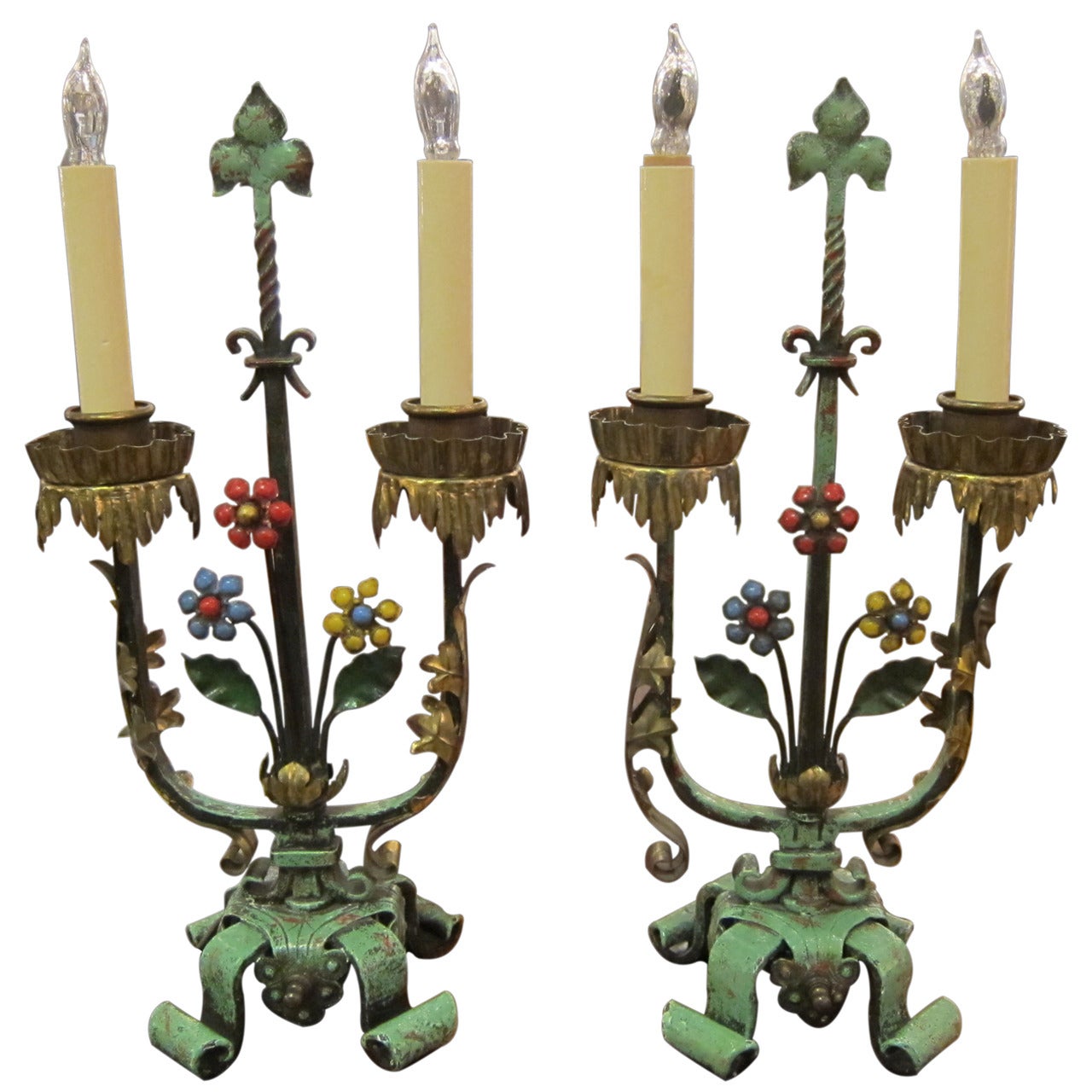 1920s Pair of Painted Floral Hand-Wrought Iron and Bronze Table Lamps