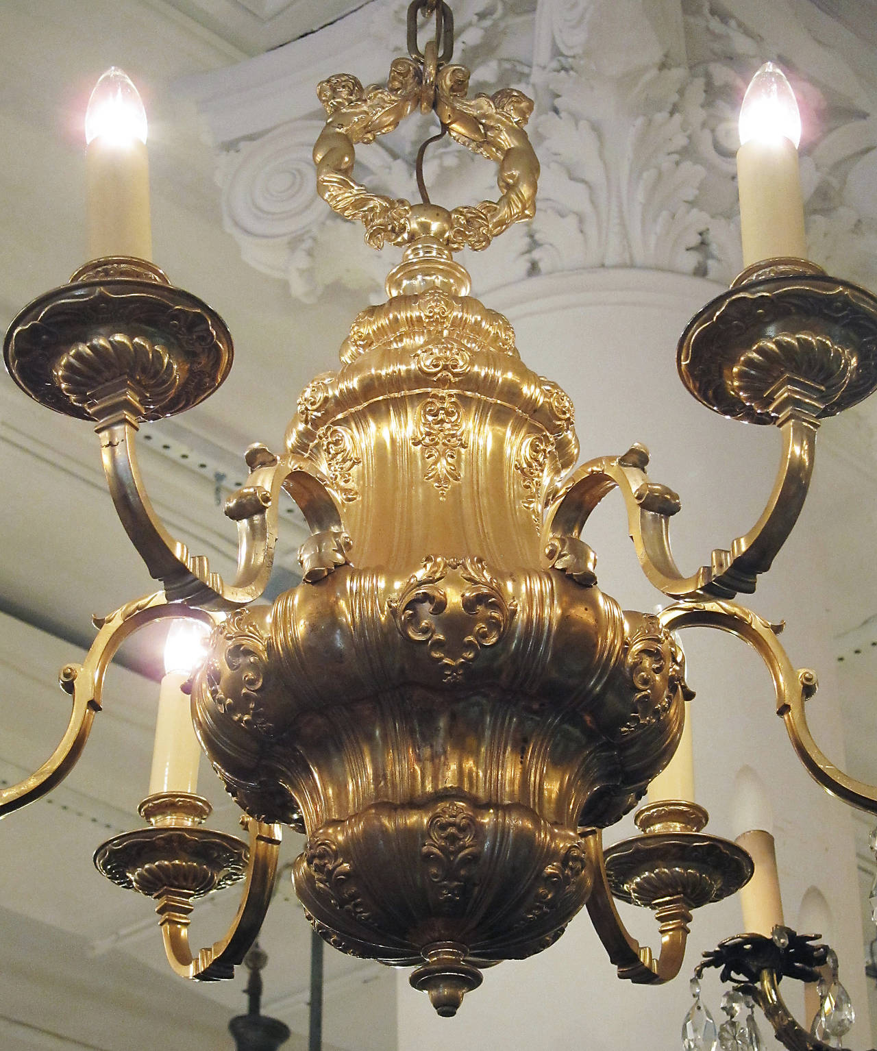 Early 1900s Bronze Ornate Six-Arm Chandelier by E. F. Caldwell