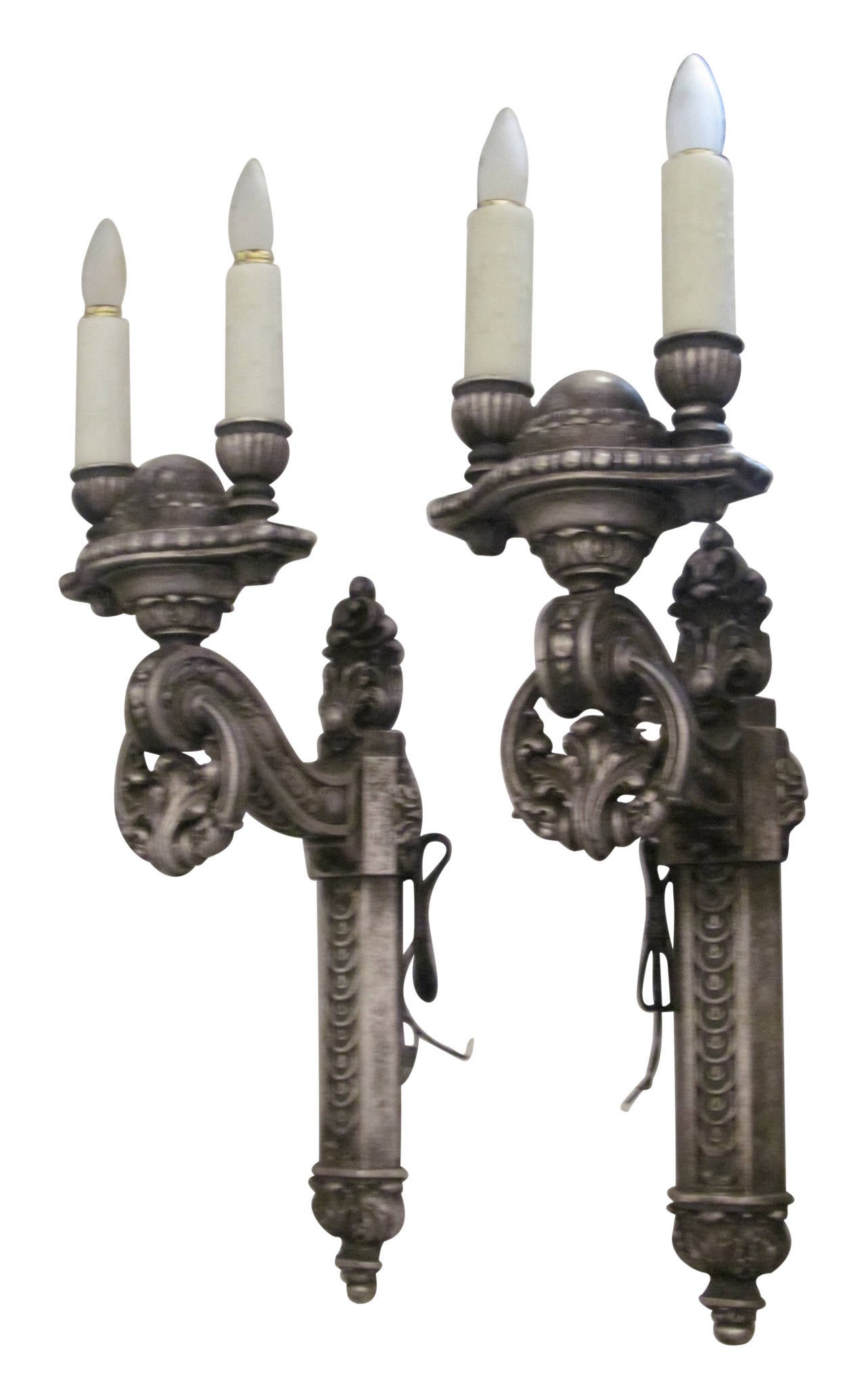 Pair of carved wood double-arm sconces. This item can be viewed at our 5 East 16th St, Union Square location in Manhattan.