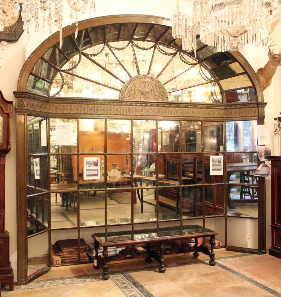 1922 Arched Cast Bronze Mirrored Wall with Palladian Top from NYC Bank Vault