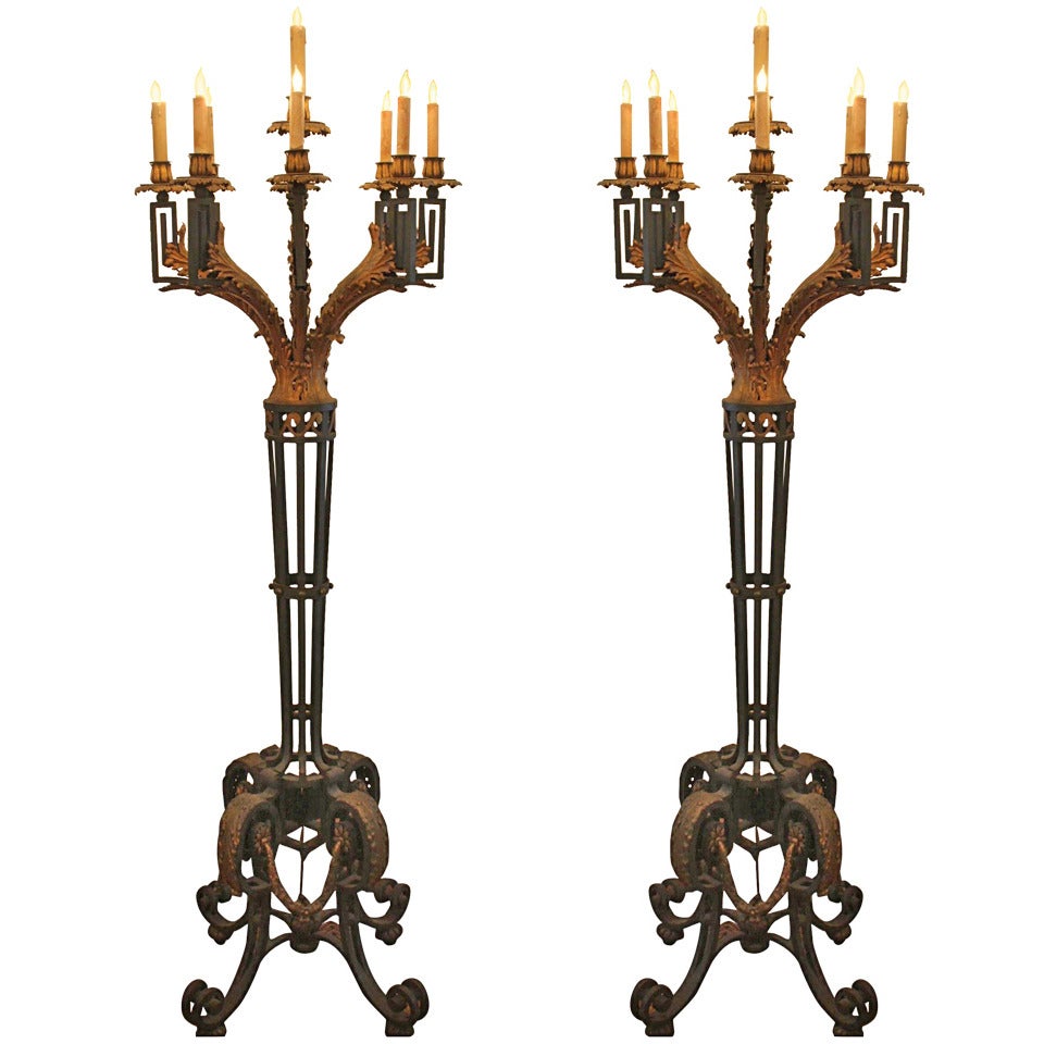 1954 Pair of Wrought Iron Nine Light Candelabras from the Fountainebleau Hotel