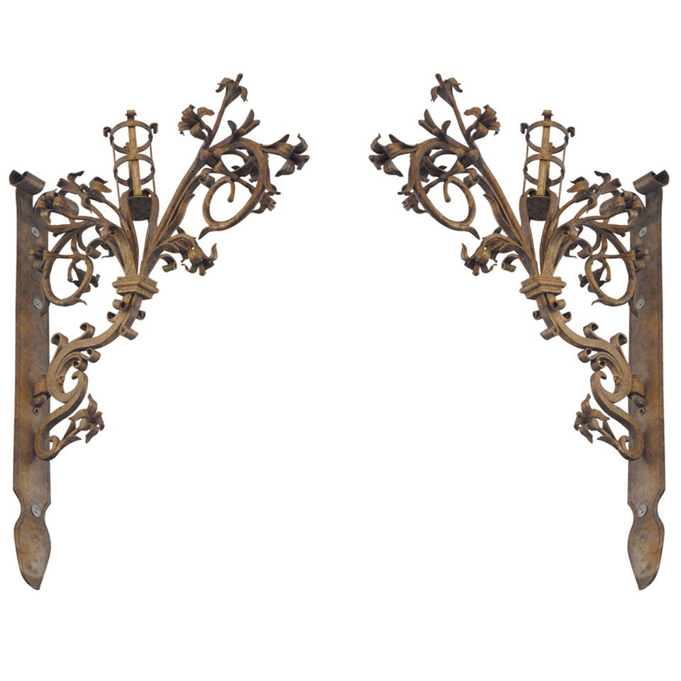 Pair German Hand-Forged Gold Gilded Floral Sconces