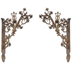 Antique Pair German Hand-Forged Gold Gilded Floral Sconces