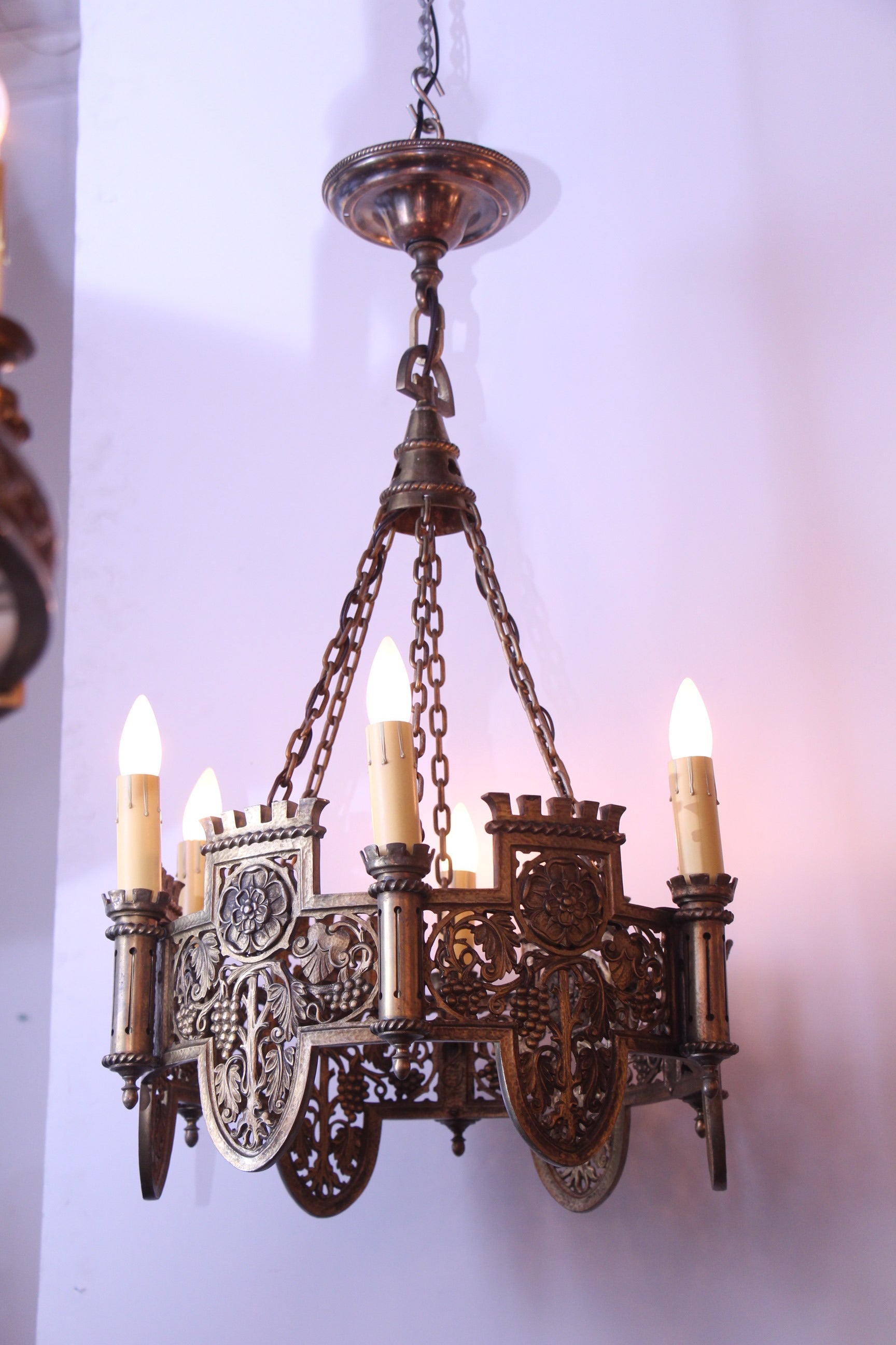 Beautifully Detailed Six-Light Bronze English Tudor Style Chandelier