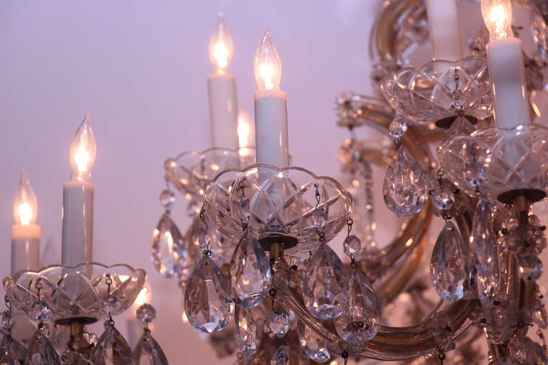 Brass French Frosted and Cut-Glass Crystal Six-Arm Chandelier