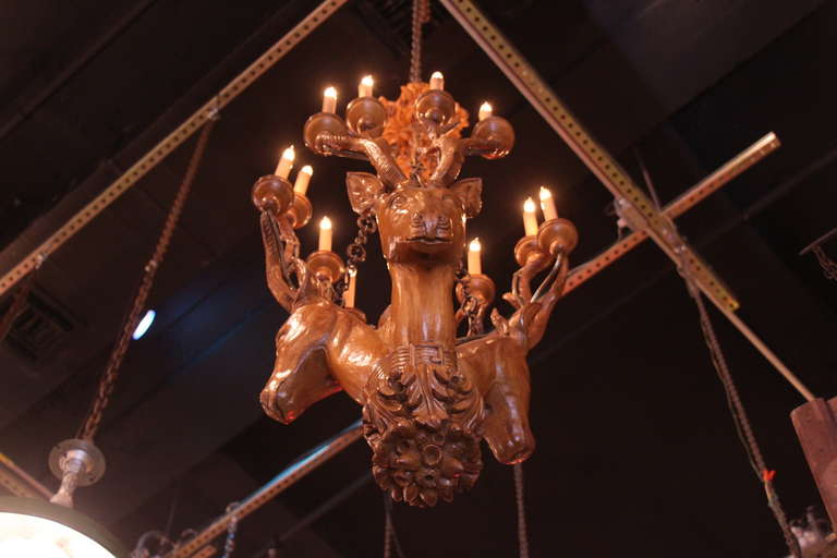 American Hand Carved Wood Chandelier with Three Deer Heads