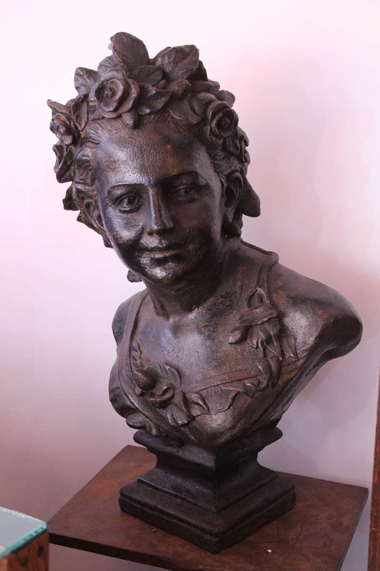 This is a large Victorian period cast iron bust of a woman with wonderful detail. This item can be seen at our 149 Madison Avenue store at 32nd St in Manhattan.