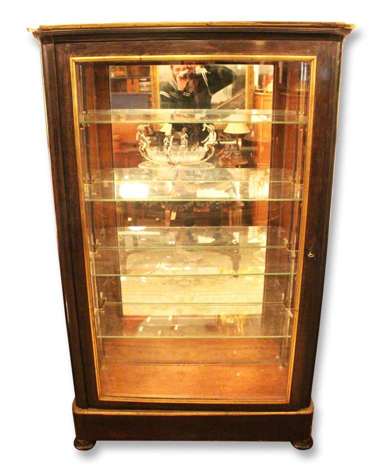 Ebonized bird's-eye maple vitrine with bronze trim and four glass shelves. Adjustable bronze mounting hardware and interior light. This item can be seen at our 149 Madison Avenue store at 32nd St in Manhattan.