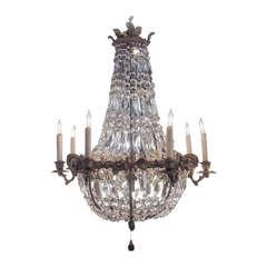 Bronze and Crystal Basket Chandelier with Art Nouveau Detail