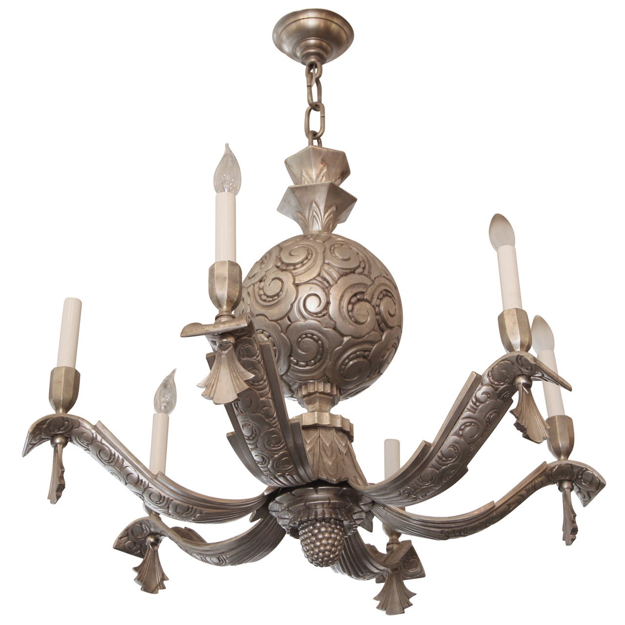 1920s Nickeled Bronze French Art Deco 6 Arm Chandelier with Scalloping