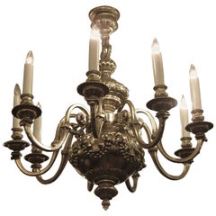Used 1920s English Silvered Bronze 9 Light Chandelier Laurels and Fruit