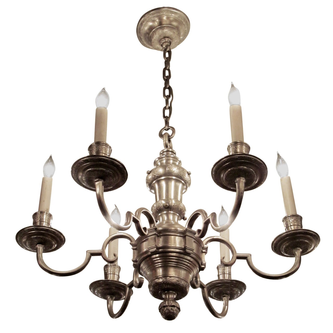 1920s, Georgian Silver Plated Bronze Chandelier with Six Arms