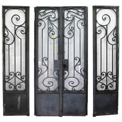 Antique 1905 Brooklyn Art Nouveau Brownstone Iron Door Set with Matching Sidelights