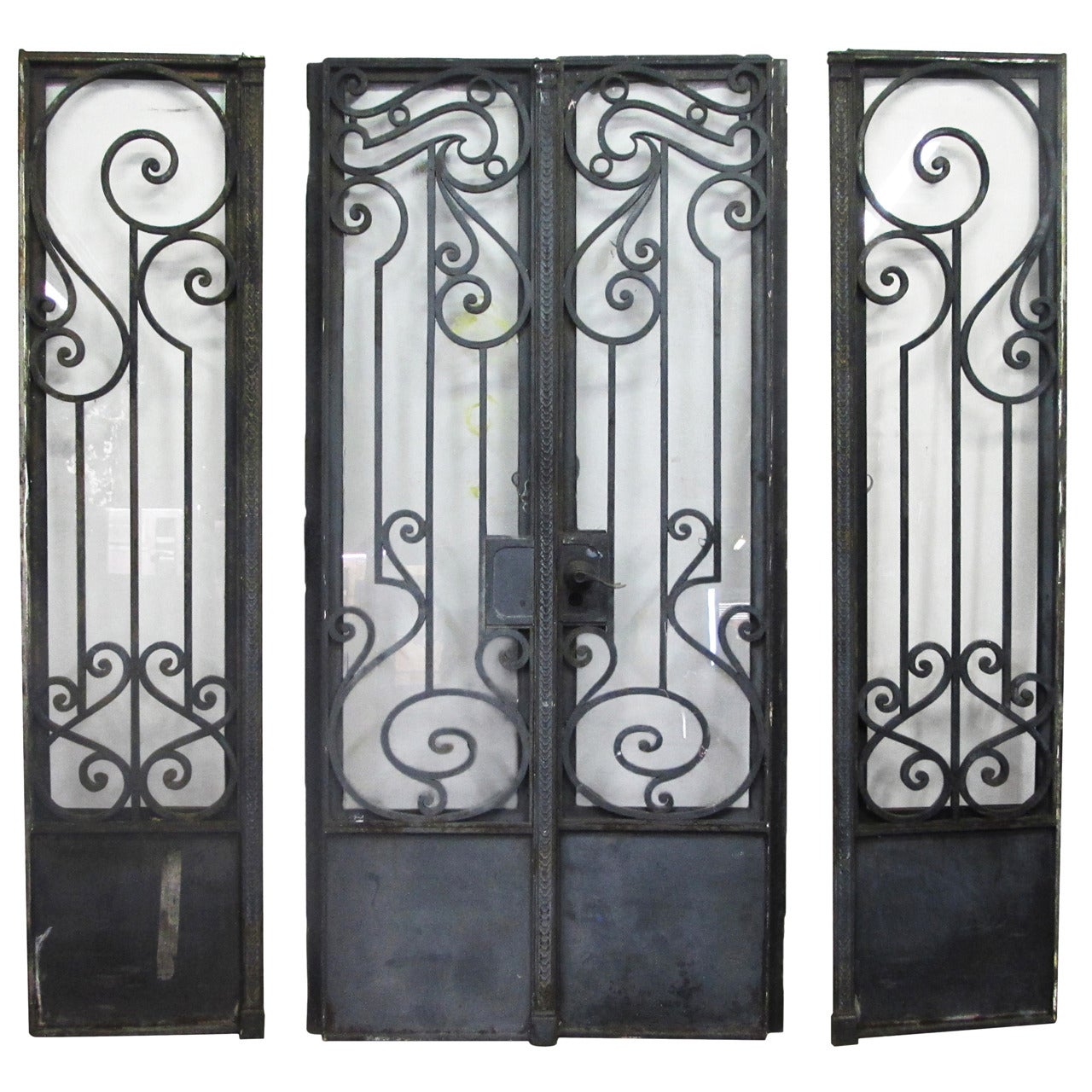 1905 Brooklyn Art Nouveau Brownstone Iron Door Set with Matching Sidelights