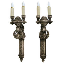 1900s Pair of Carved Wood Double-Arm Sconces 11
