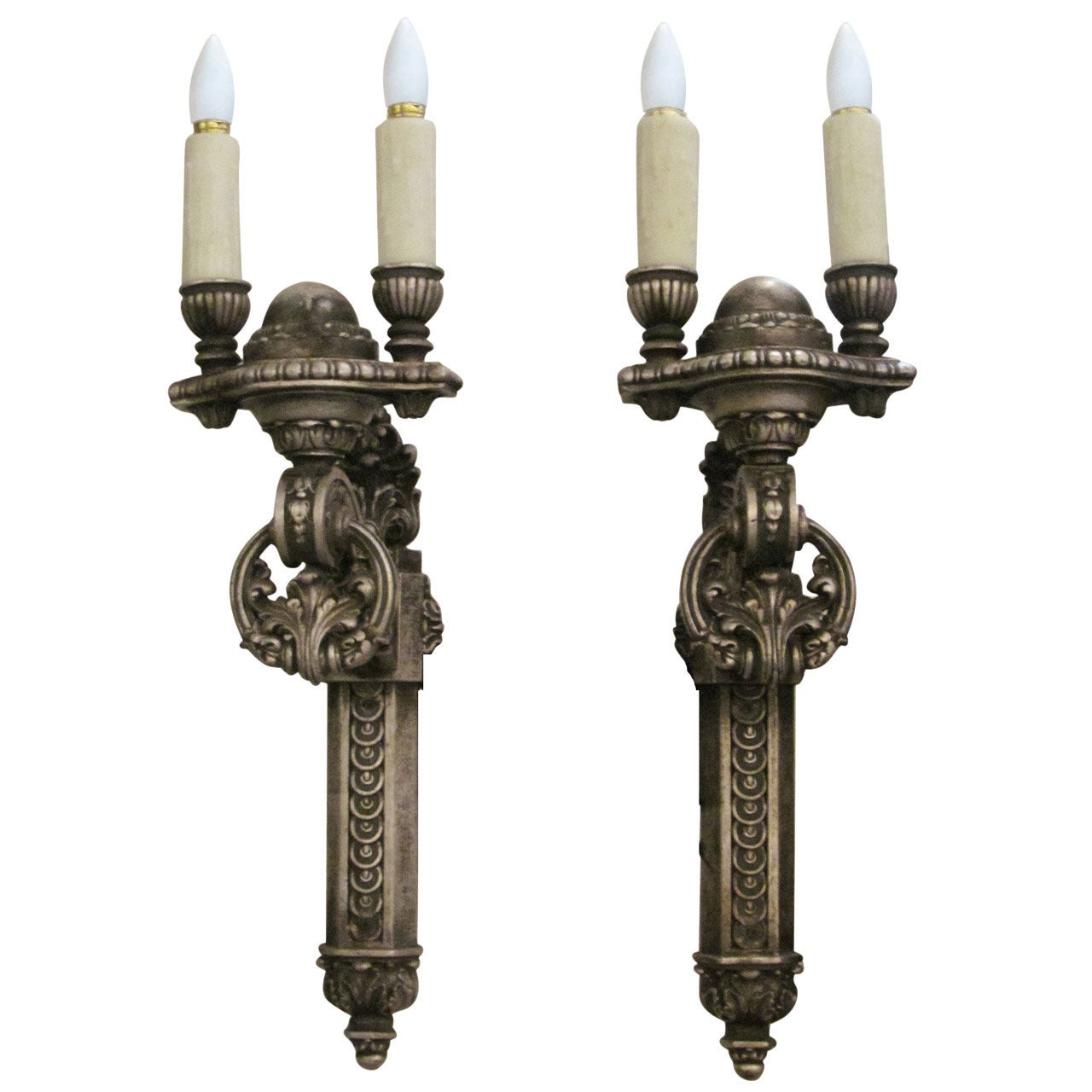 1900s Pair of Carved Wood Double-Arm Sconces